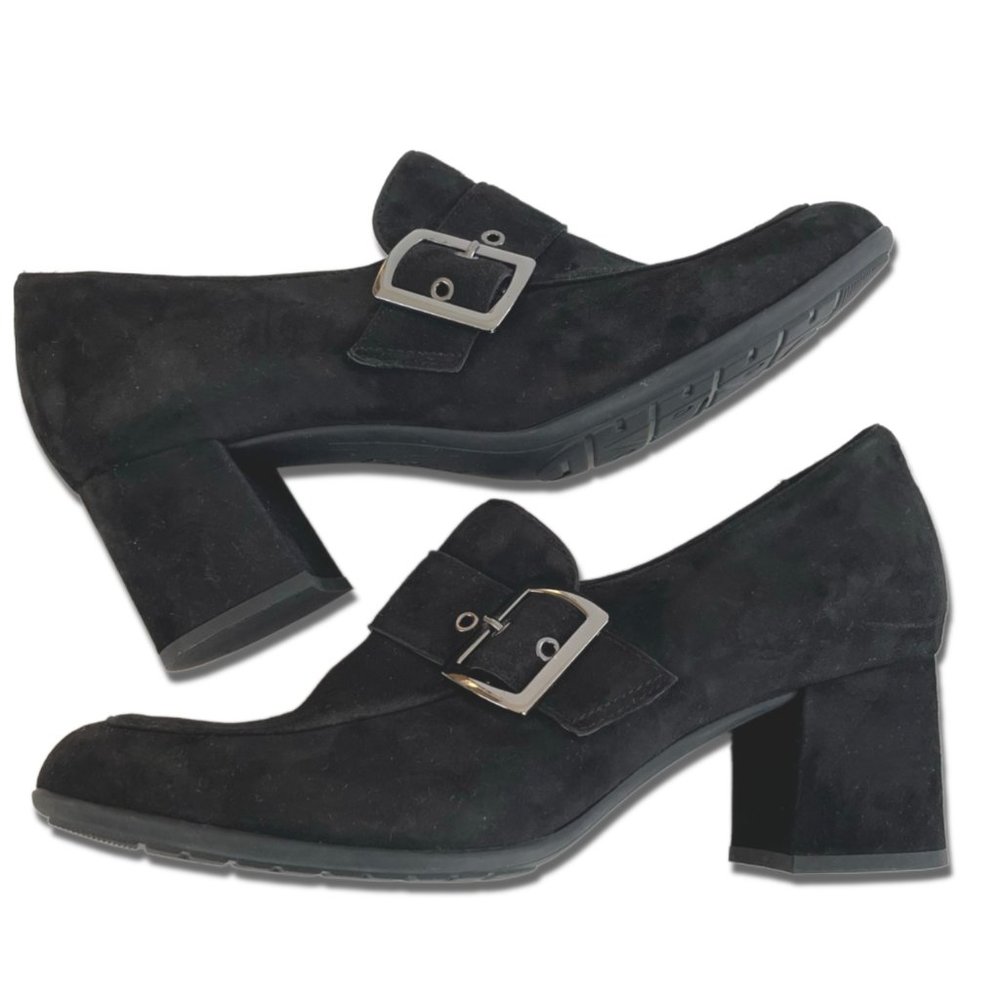 Earthies Rhea Buckle Heel Womens Black Suede Pumps SlipOn Shoes Size 12 USED